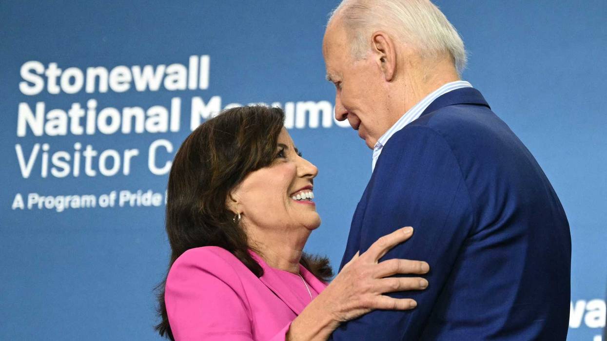 Gov. Kathy Hochul and President Joe Biden embrace during the Stonewall National Monument Visitor Center grand opening ceremony in New York on June 28, 2024