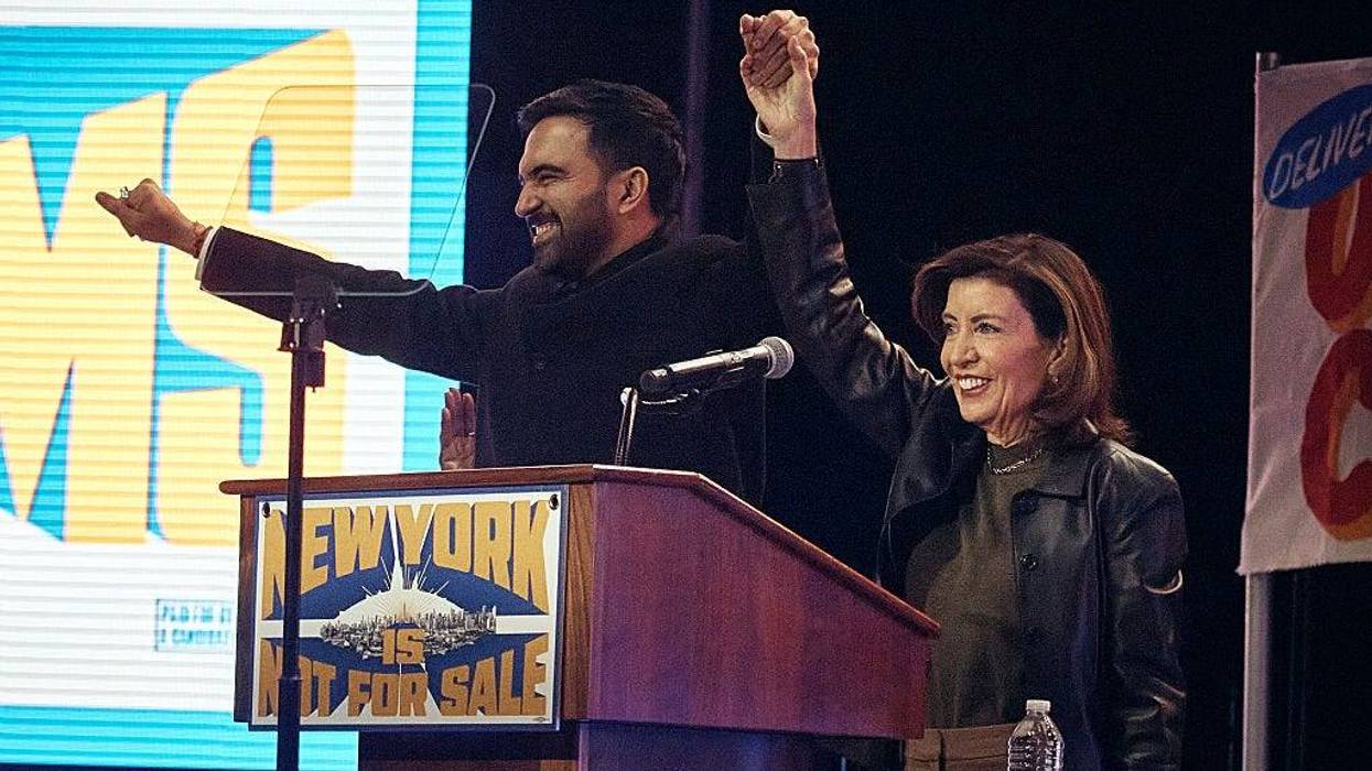 Gov. Kathy Hochul celebrates with then-mayoral candidate Zohran Mamdani during an election rally at Forest Hills Stadium on Oct. 26, 2025.