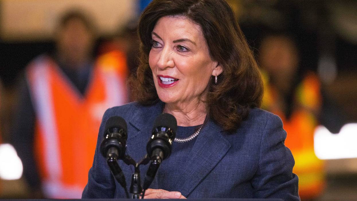 Gov. Kathy Hochul gives a speech on the Hudson River tunnel project at the West Side Yard on Jan. 31, 2023, in New York City