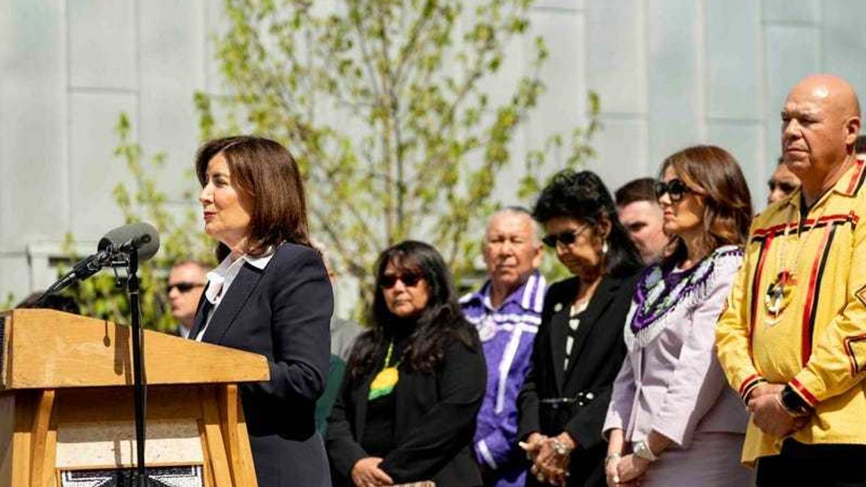 Gov. Kathy Hochul issues a formal apology on behalf of New York State for its role in operating the Thomas Indian School, Tuesday,May 20, 2025, outside the William Seneca Administration Building in Irving, N.Y