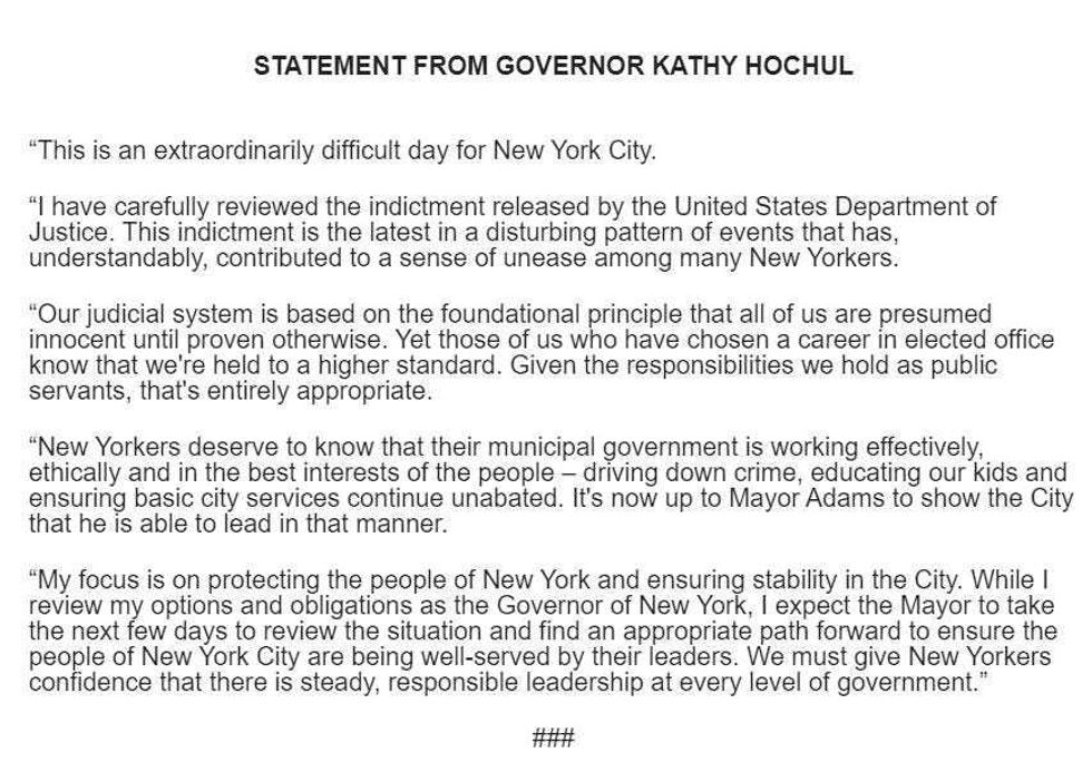 Gov. Kathy Hochul released a statement after the indictment of Mayor Eric Adams on Thursday night.