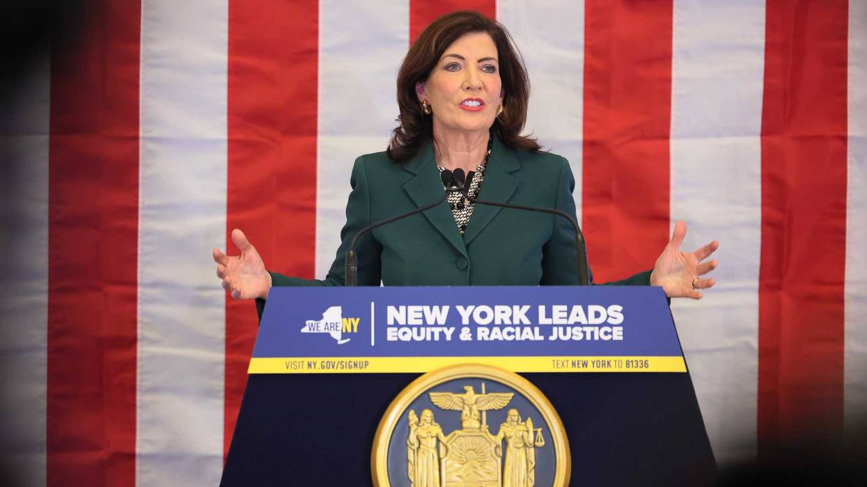 Gov. Kathy Hochul speaks during a press conference and signing of legislation creating a commission for the study of reparations in New York on Dec.19, 2023 in New York City.