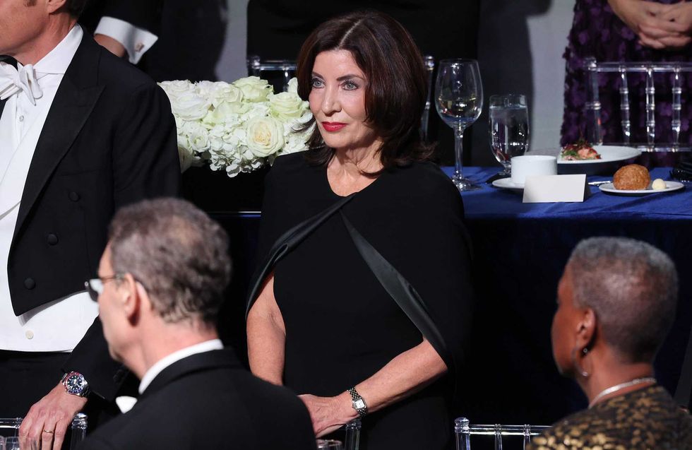 Gov. Kathy Hochul stands during the annual Alfred E. Smith Foundation Dinner at the New York Hilton Midtown on October 17, 2024