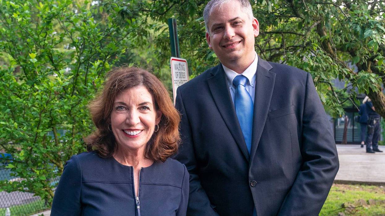Gov. Kathy Hochul (then-Lt. Gov.) and acting Consul General of Israel in New York Israel Nitzan attend Westchester Stands United Against Antisemitism and Hate rally at Jewish Community Center of Mid-Westchester on June 7, 2021.