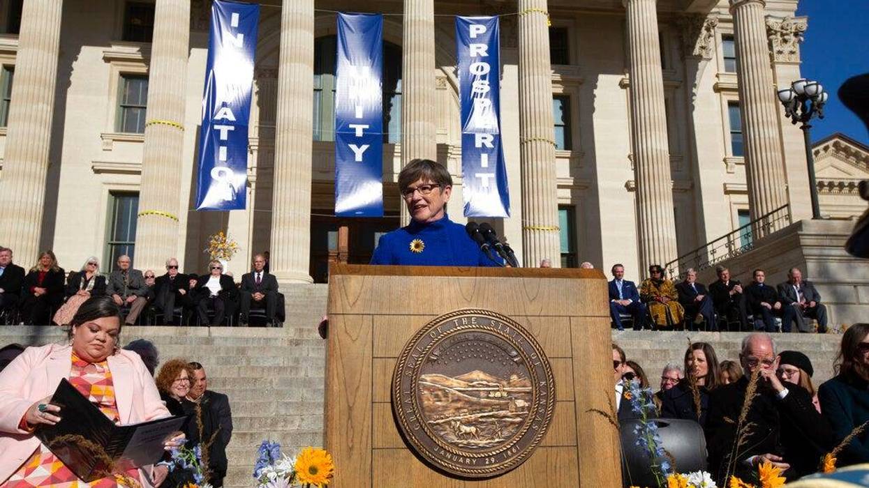 Gov. Laura Kelly gives remarks after taking the Oath of Office during the inauguration Monday afternoon