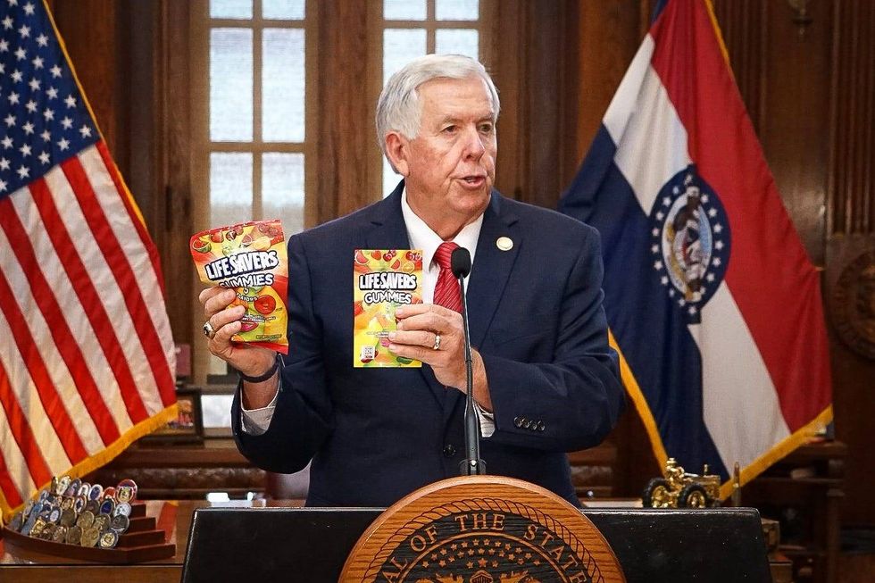 Gov. Mike Parson speaks at his Capitol press conference in August 2024 announcing Executive Order 24-10 that bans the sale of intoxicating hemp products in Missouri "until such time approved sources can be regulated by the FDA or State of Missouri through legislative action," he said.