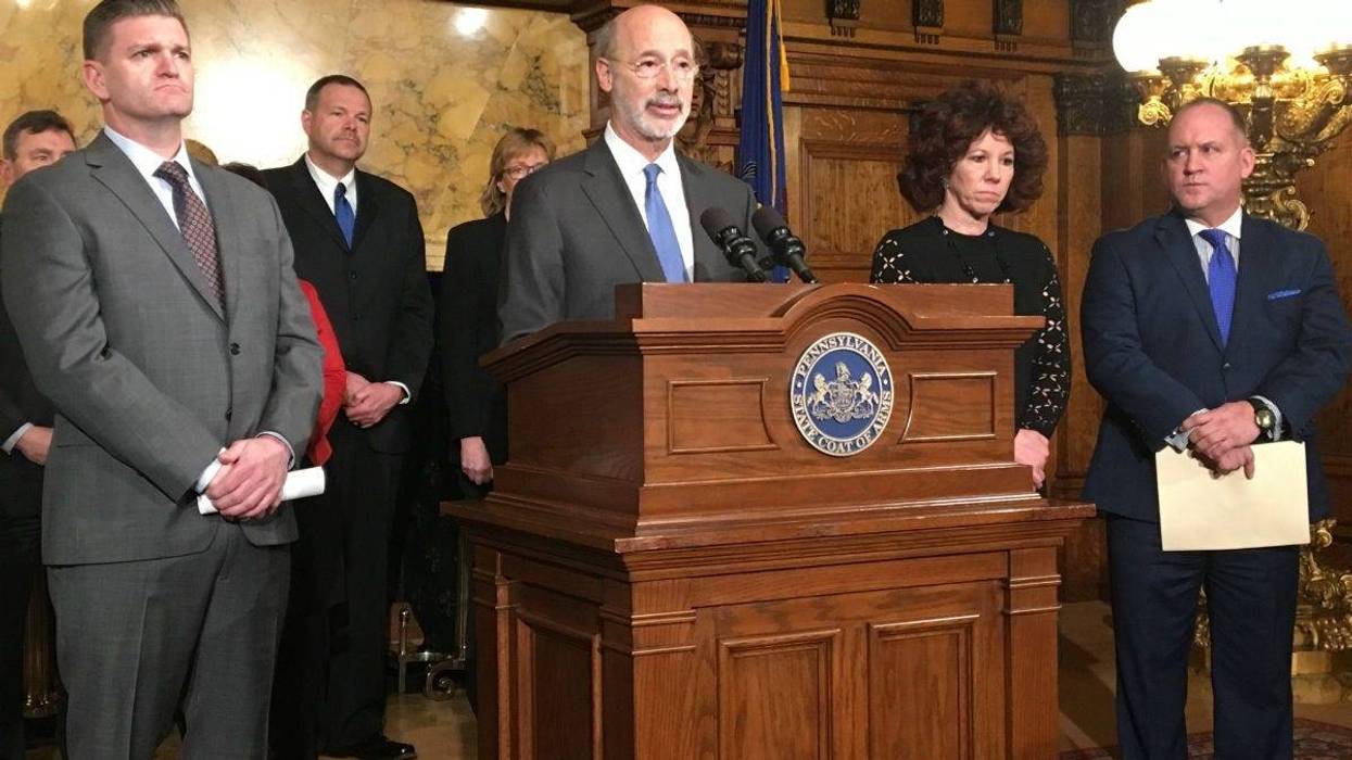 Gov. Tom Wolf announces a new shale tax proposal at the state Capitol.