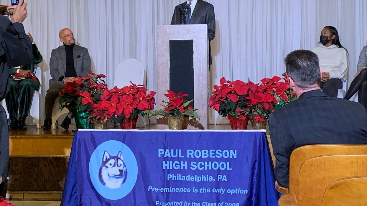 Gov. Tom Wolf at Paul Robeson High School in West Philadelphia.