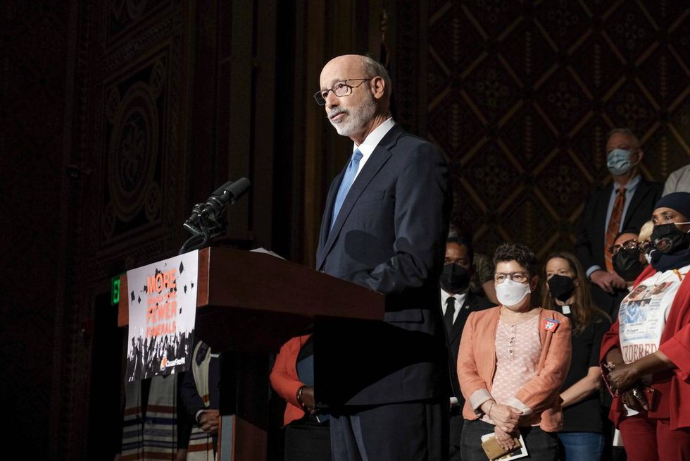 Gov. Tom Wolf at rally for policy changes to curb gun violence.