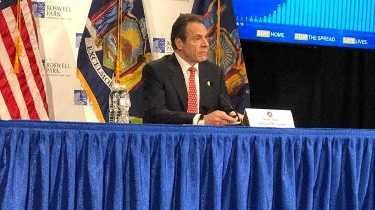 Governor Andrew Cuomo gives his daily coronavirus update at Roswell Park Comprehensive Cancer Center. April 21, 2020 WBEN Photo/Mike Baggerman