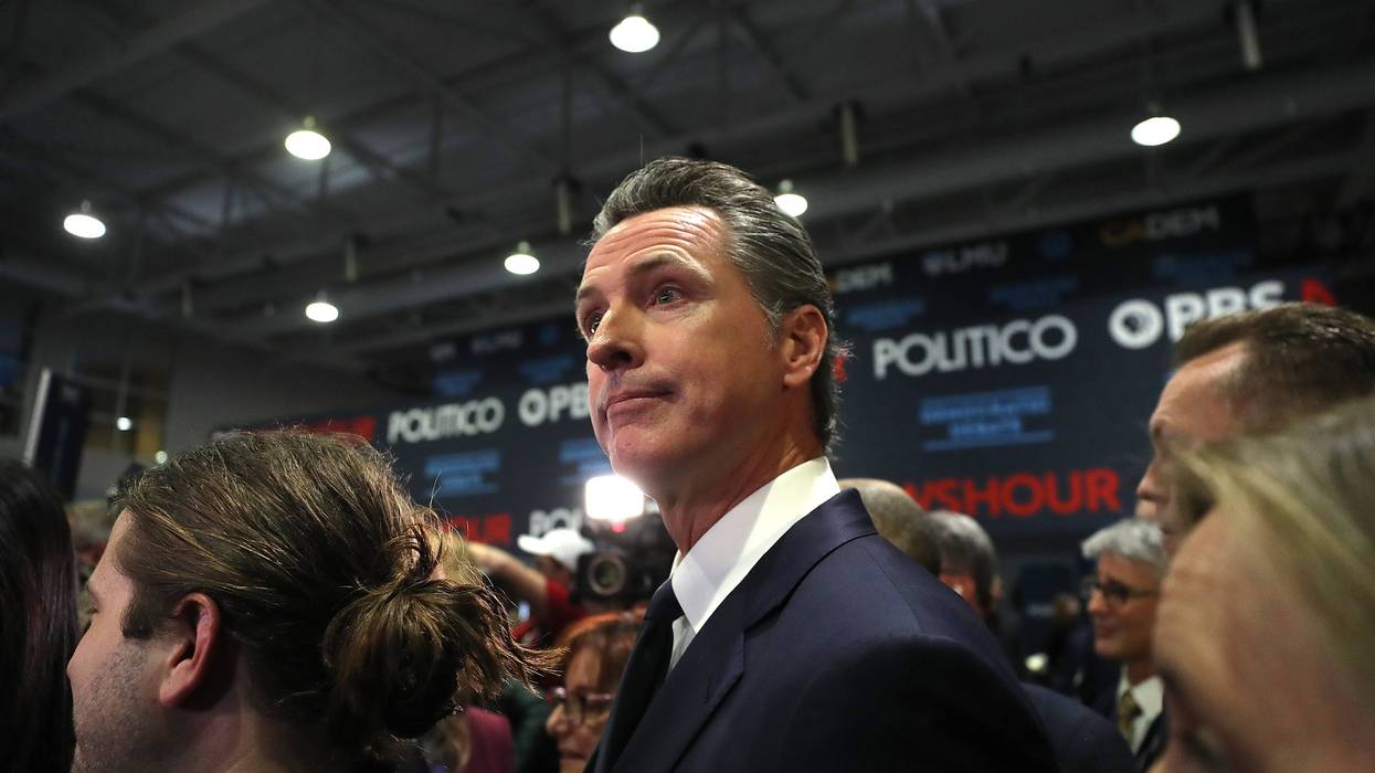Governor Gavin Newsom walks through the spin room after the Democratic presidential primary debate at Loyola Marymount University on December 19, 2019 in Los Angeles.