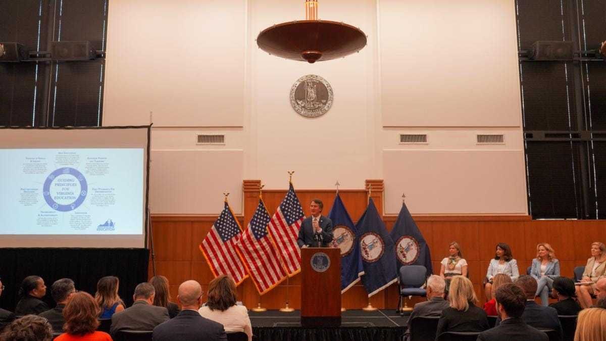 Governor Glenn Youngkin delivers remarks after education report findings in the Patrick Henry Building on Thursday, May 19, 2022.