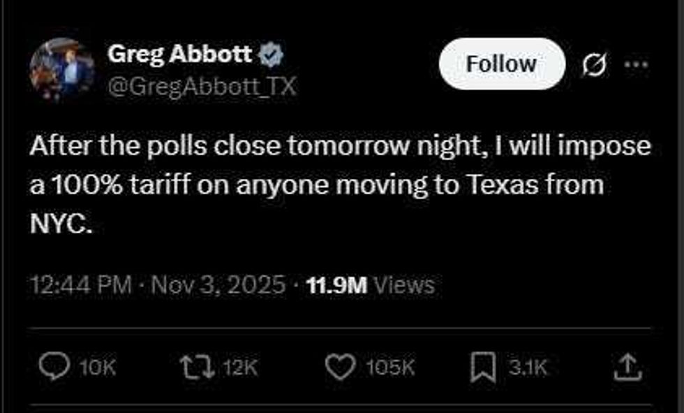 Governor Greg Abbott is raising eyebrows after posting on his official X account Monday night that he plans to impose a “100% tariff” on anyone moving to Texas from New York City once the polls close.