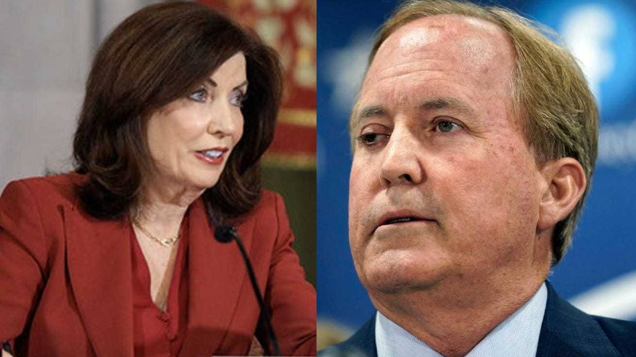 Governor Hochul convenes a domestic violence prevention roundtable with survivors, advocates and law enforcement on March 24, 2025. // Texas Attorney General Ken Paxton makes a statement at his office, May 26, 2023.