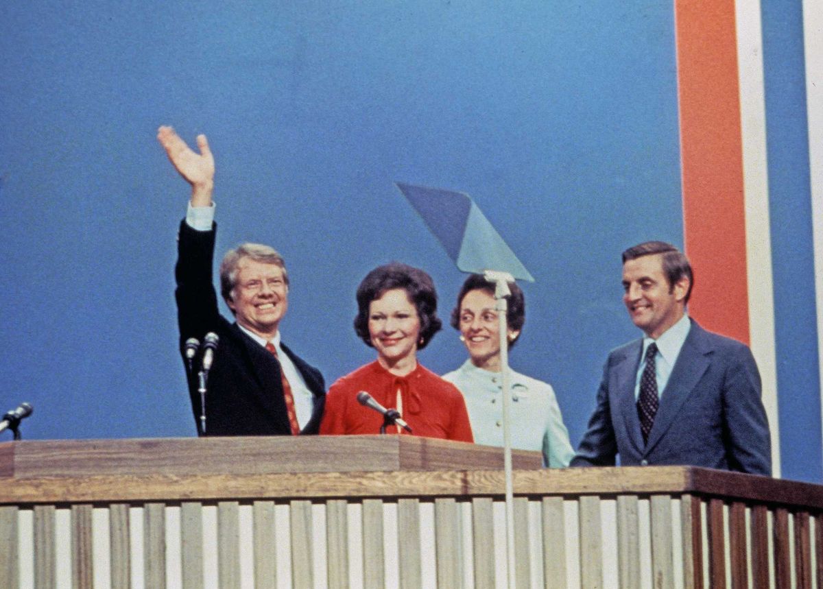 Governor Jimmy Carter (Democrat of Georgia), the 1976 Democratic Party nominee for President of the United States, left, and US Senator Walter Mondale (Democrat of Minnesota), the 1976 Democratic Party nominee for Vice President.