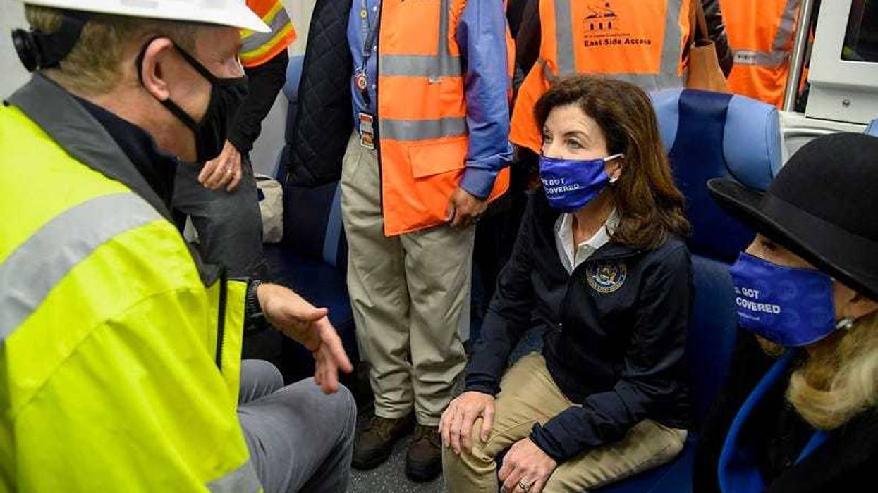 Governor Kathy Hochul joins MTA Acting Chair & CEO Janno Lieber, Rep. Carolyn Maloney, LIRR President Phil Eng, and SMART General Chairman Anthony Simon aboard a test train from Jamaica to the East Side Access complex at Grand Central Terminal on Sun., October 31, 2021.