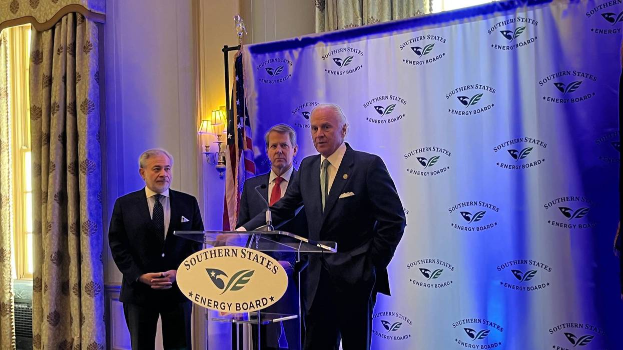 Governor McMaster (right) speaking to press ahead of the Southern States Energy Board conference alongside Georgia Governor Brian Kemp (middle) and former US Department of Energy Secretary Dan Brouillette (left)