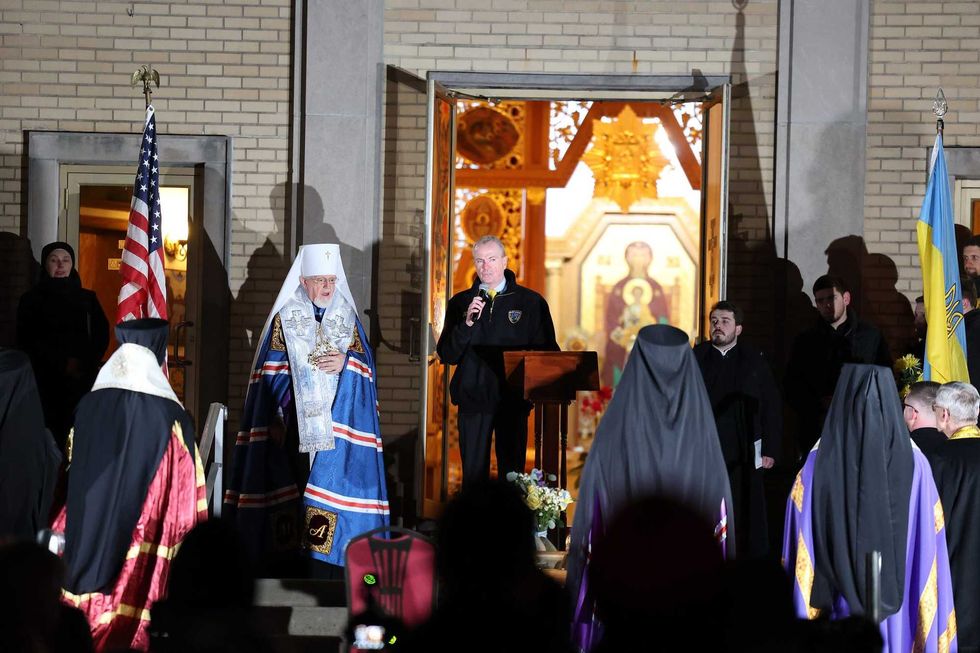 Governor Murphy and First Lady Tammy Murphy participate in a prayer vigil at St. Andrew Ukrainian Orthodox Memorial Church on February 28th, 2022.