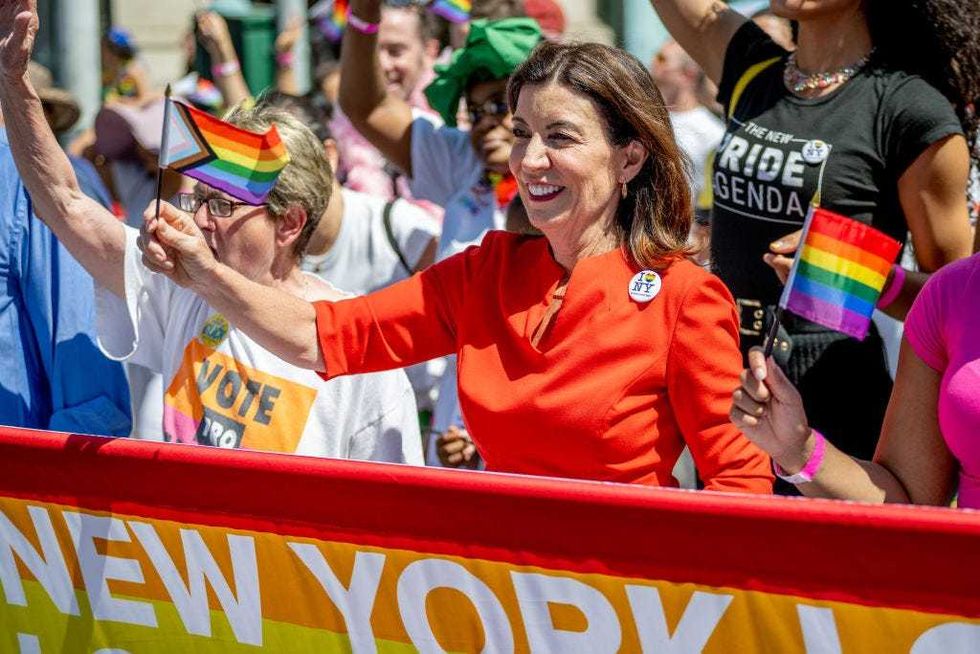 Governor of New York Kathy Hochul marches during the 2022 New York City Pride March on June 26, 2022 in New York City.