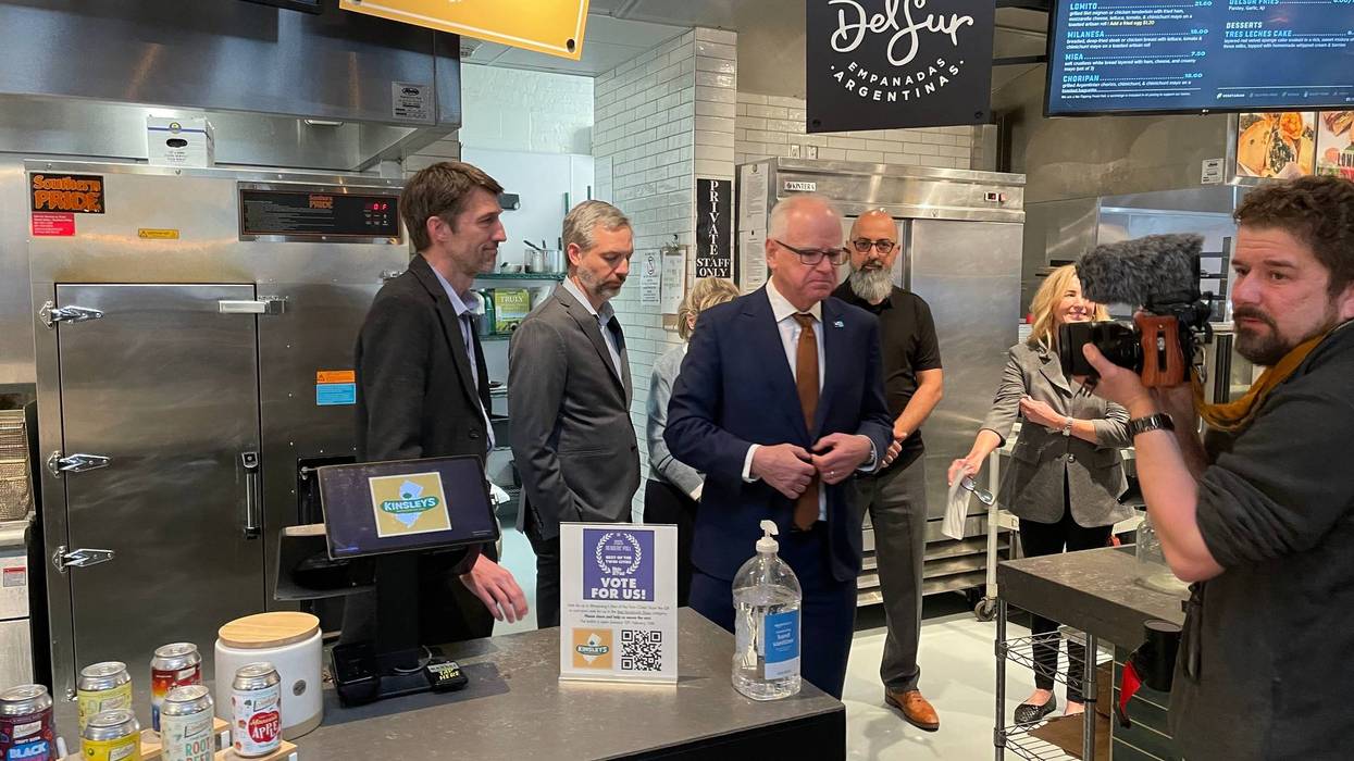 Governor Tim Walz addressing the potential catastrophic situation facing Minnesota small businesses Tuesday at The Market at Malcolm Yards.