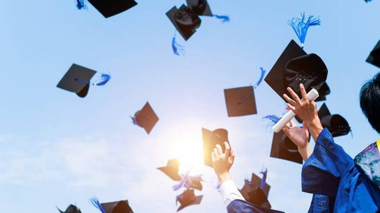 Graduating students hands throwing graduation caps in the air