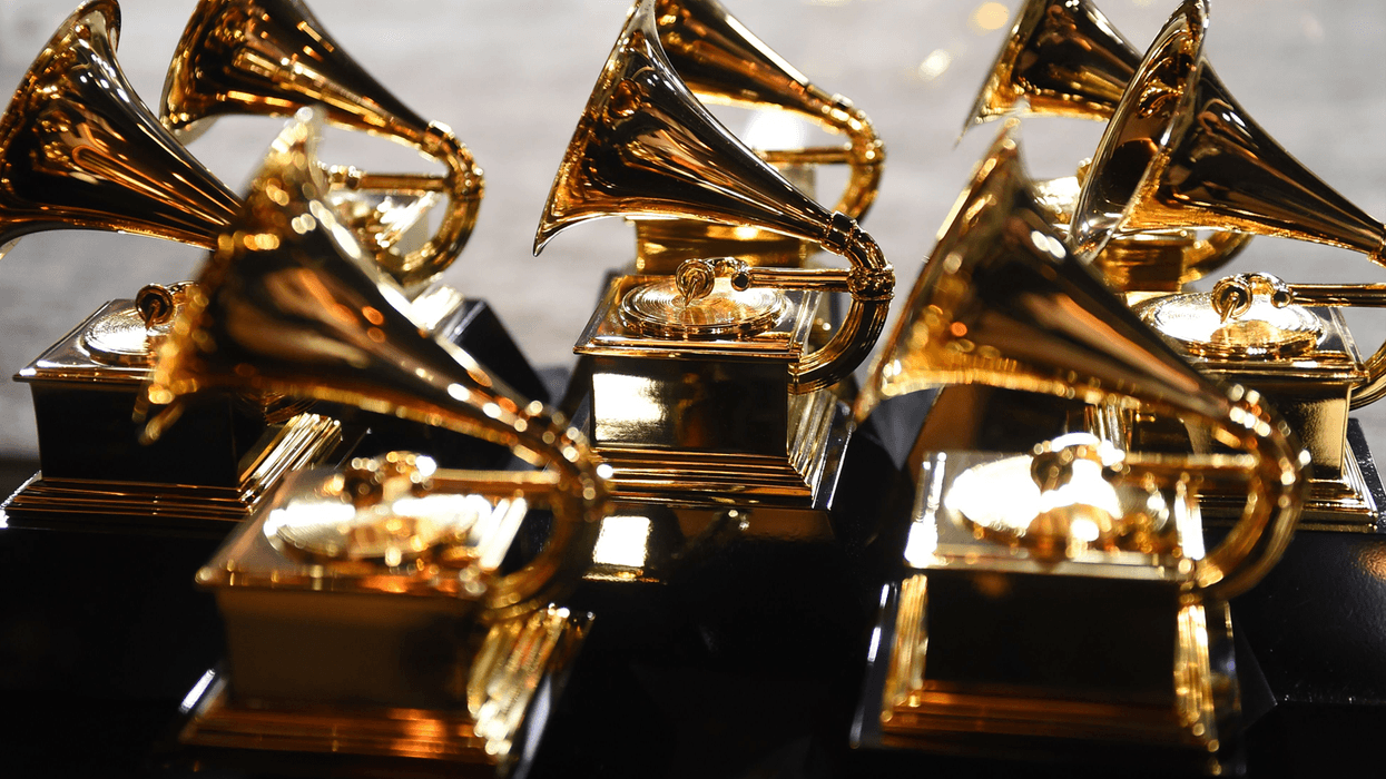 Grammy trophies sit in the press room during the 60th Annual Grammy Awards on January 28, 2018