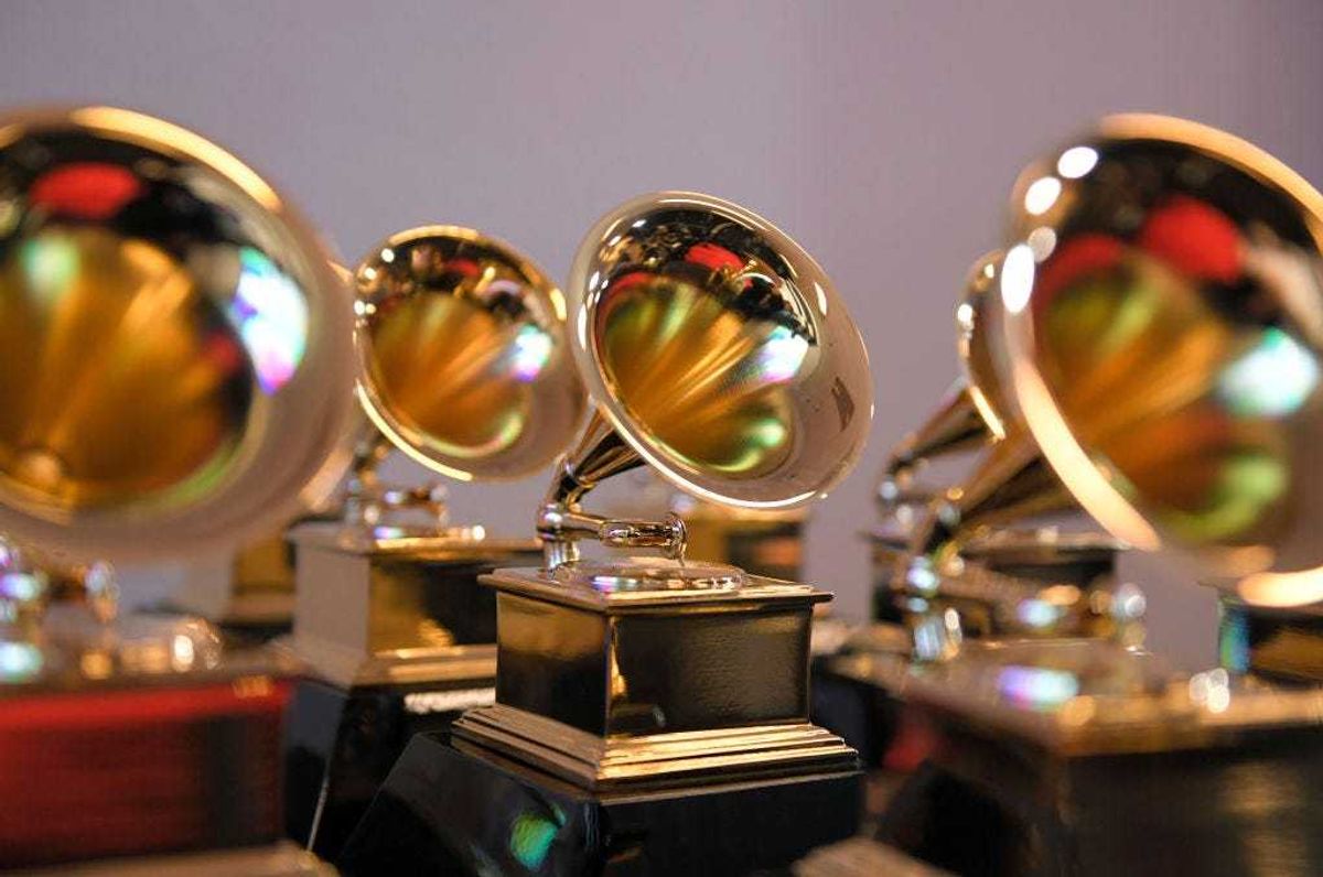 Grammy trophies sit in the press room during the 64th Annual GRAMMY Awards at MGM Grand Garden Arena on April 03, 2022 in Las Vegas, Nevada.
