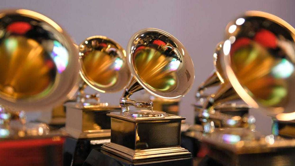 Grammy trophies sit in the press room during the 64th Annual GRAMMY Awards at MGM Grand Garden Arena on April 03, 2022 in Las Vegas, Nevada.