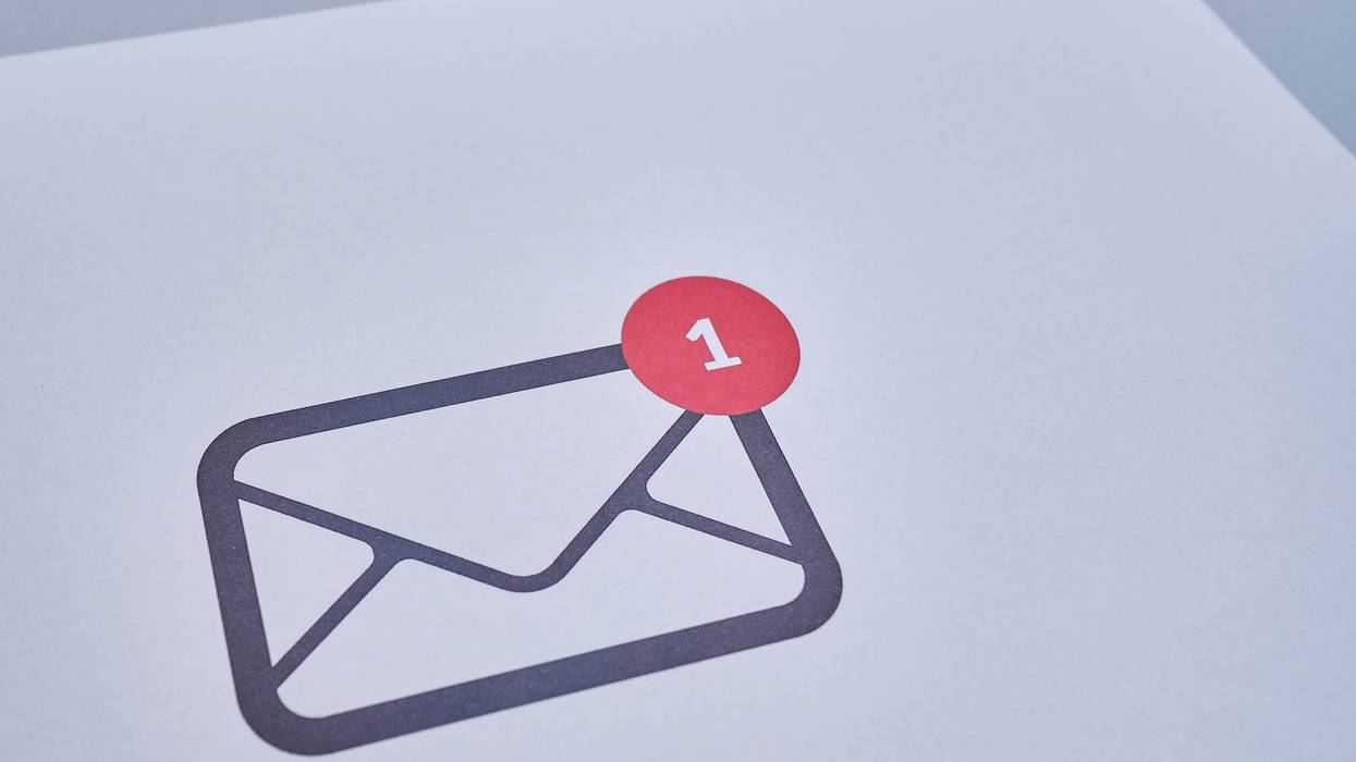 Graphic envelope on a light background. Online message, new mail. Postal service. Inbox. Send or receive a letter. Empty envelope, empty space. The concept of people communication. Mockup