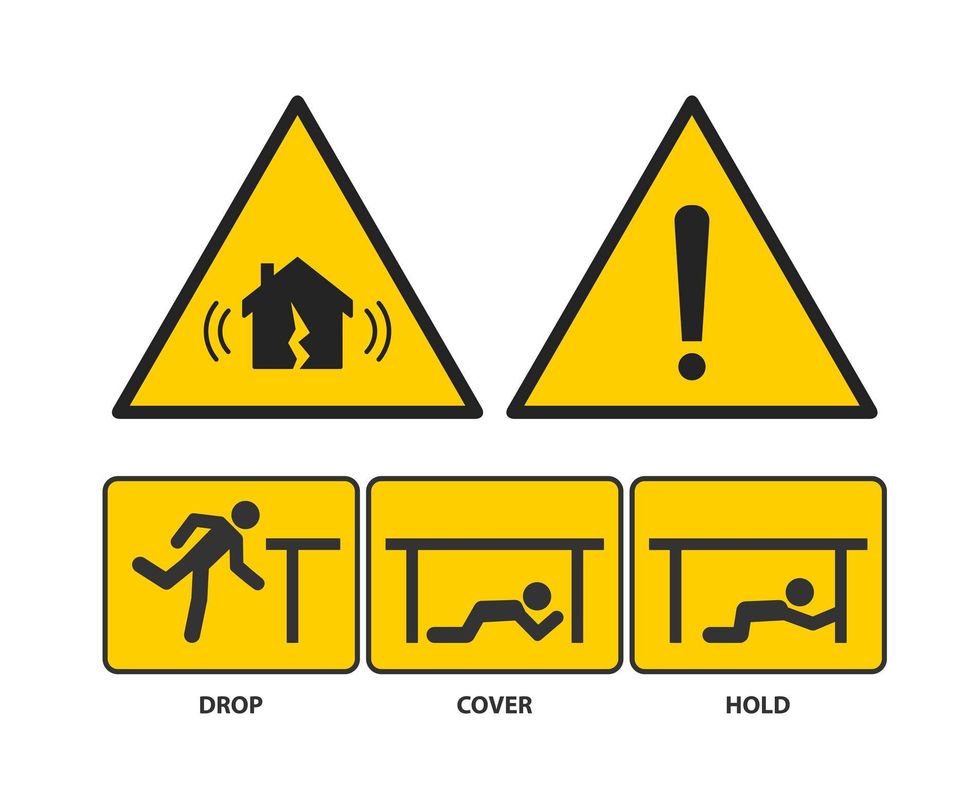 graphic showing someone dropping to the ground, getting cover under a table, and holding on to the table