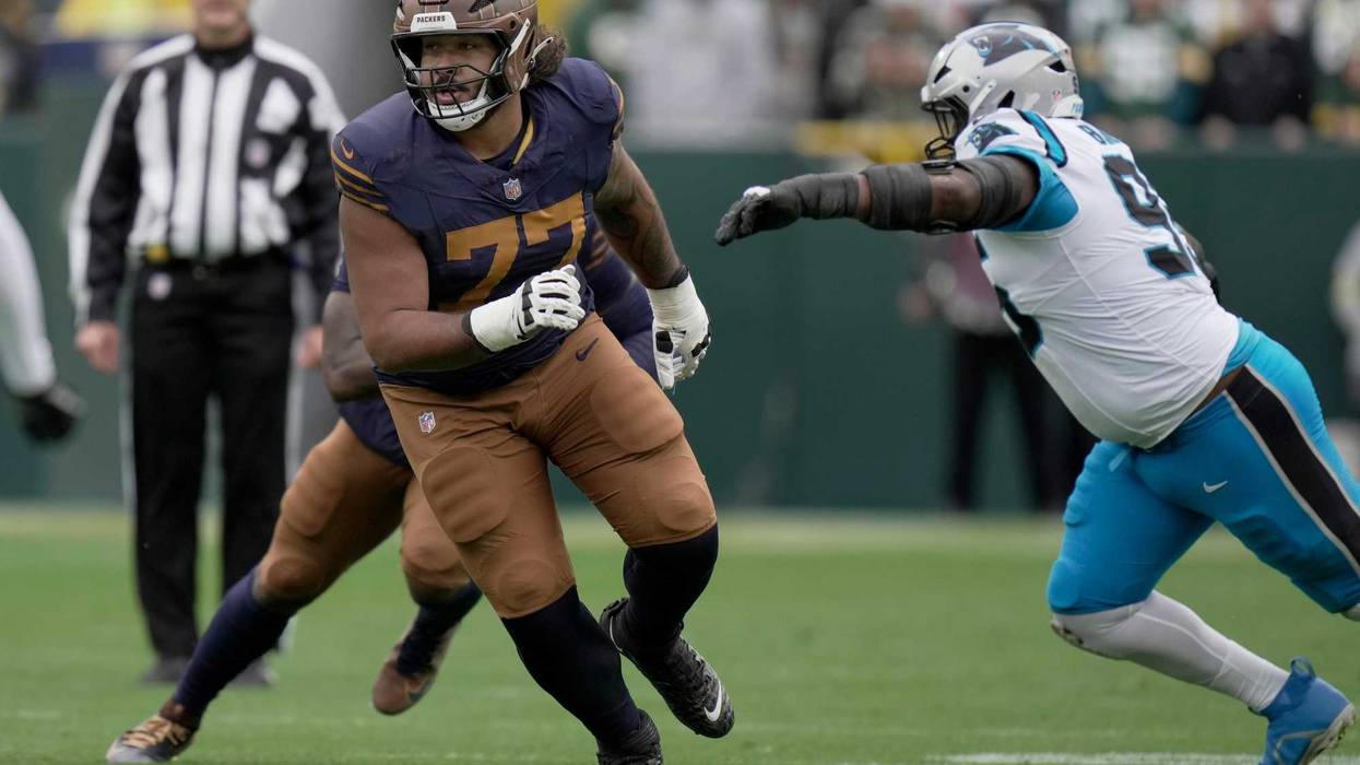 Green Bay Packers guard Jordan Morgan (77) is shown during the first quarter of their game against the Carolina Panthers Sunday, November 2, 2025 at Lambeau Field in Green Bay, Wisconsin.