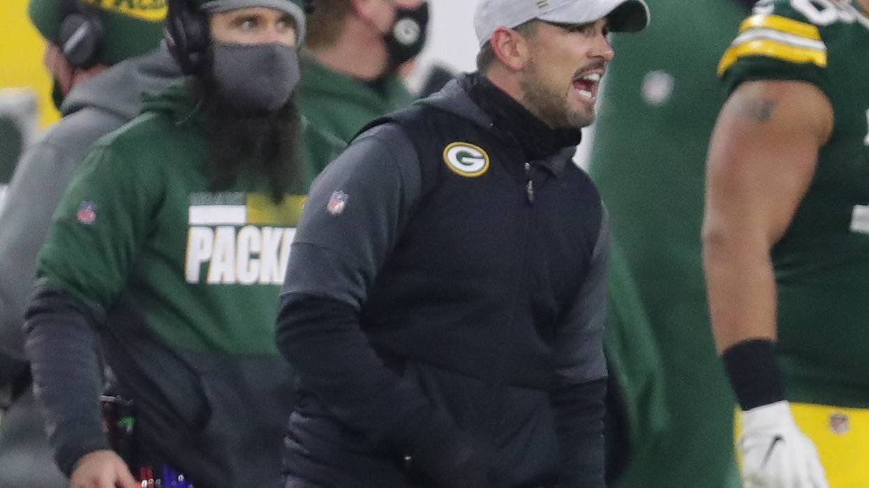 Green Bay Packers head coach Matt LaFleur argues a pass interference call during the 4th quarter of the Green Bay Packers 31-26 loss to the Tampa Bay Buccaneers in the NFC championship playoff game Sunday, Jan. 24, 2021, at Lambeau Field in Green Bay, Wis. Packers Packers25 Mjd 08531
