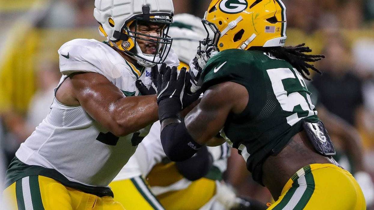 Green Bay Packers offensive lineman Andre Dillard (73) blocks defensive lineman Rashan Gary (52) during Family Night on Saturday, August 3, 2024, at Lambeau Field in Green Bay, Wis. Tork Mason/USA TODAY NETWORK-Wisconsin