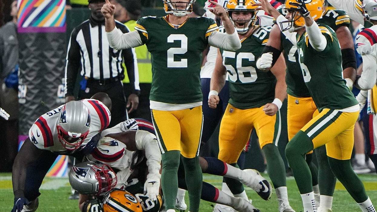 Green Bay Packers place kicker Mason Crosby (2) reacts after kicking a game-winning field goal during the second quarter of their game Sunday, October 2, 2022 at Lambeau Field in Green Bay, Wis. The Green Bay Packers beat the New England Patriots 27-24 in overtime.MARK HOFFMAN/MILWAUKEE JOURNAL SENTINEL