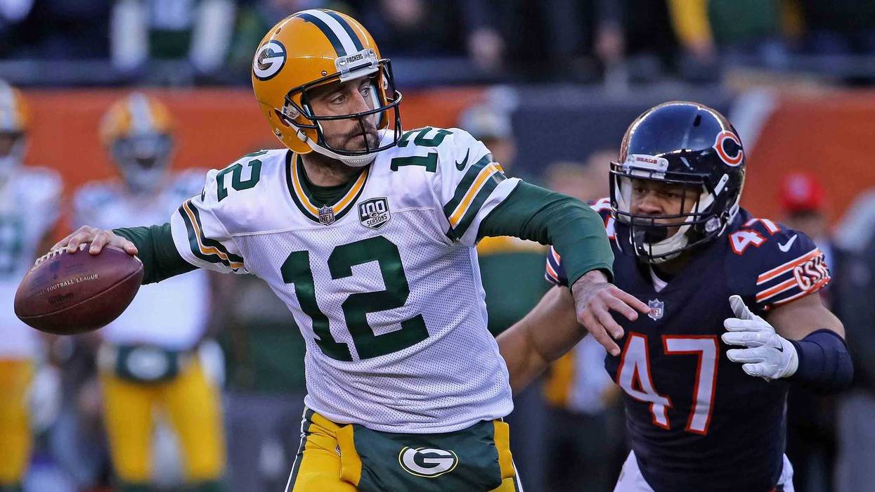 Green Bay Packers quarterback Aaron Rodgers looks to throw a pass in a game against the Chicago Bears in 2018.