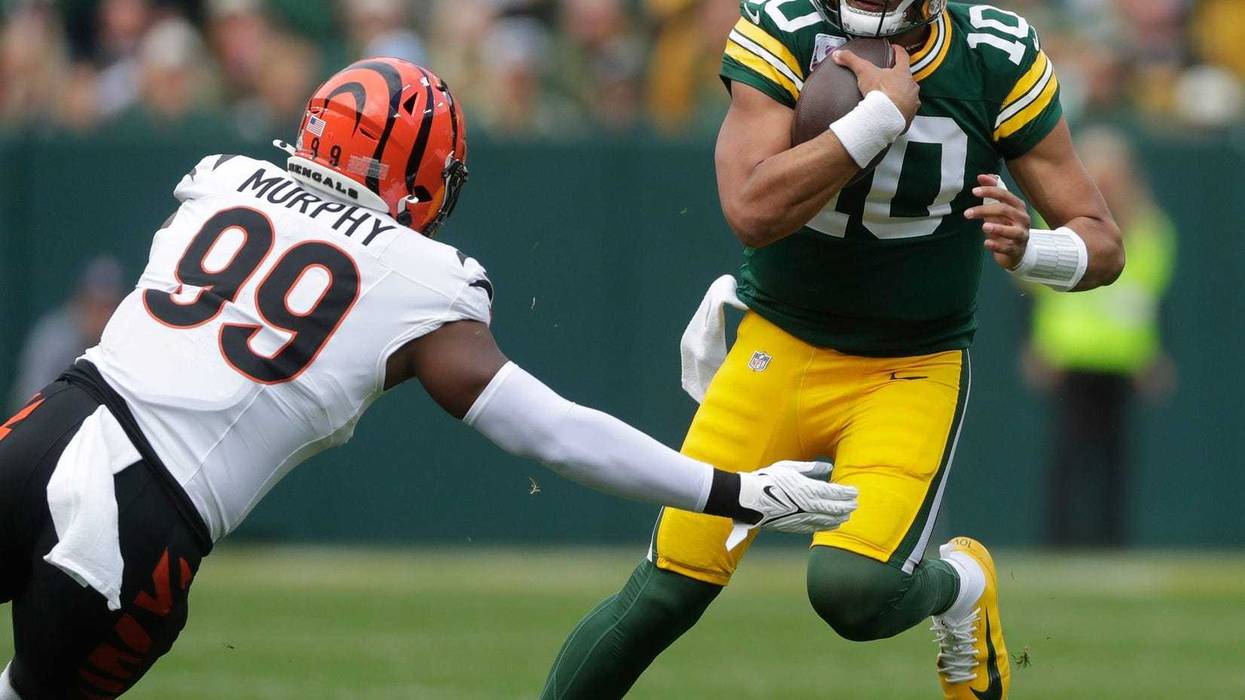 Green Bay Packers quarterback Jordan Love (10) during a game against the Cincinnati Bengals on Oct. 12, 2025, at Lambeau Field in Green Bay, Wis. The Packers defeated the Bengals 27-18.