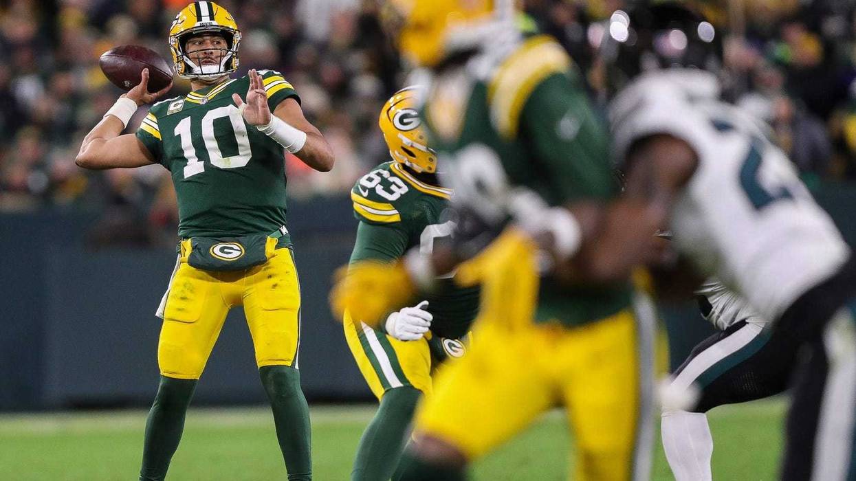 Green Bay Packers quarterback Jordan Love (10) passes the ball against the Philadelphia Eagles on Monday, November 10, 2025, at Lambeau Field in Green Bay, Wis. The Eagles won the game, 10-7.