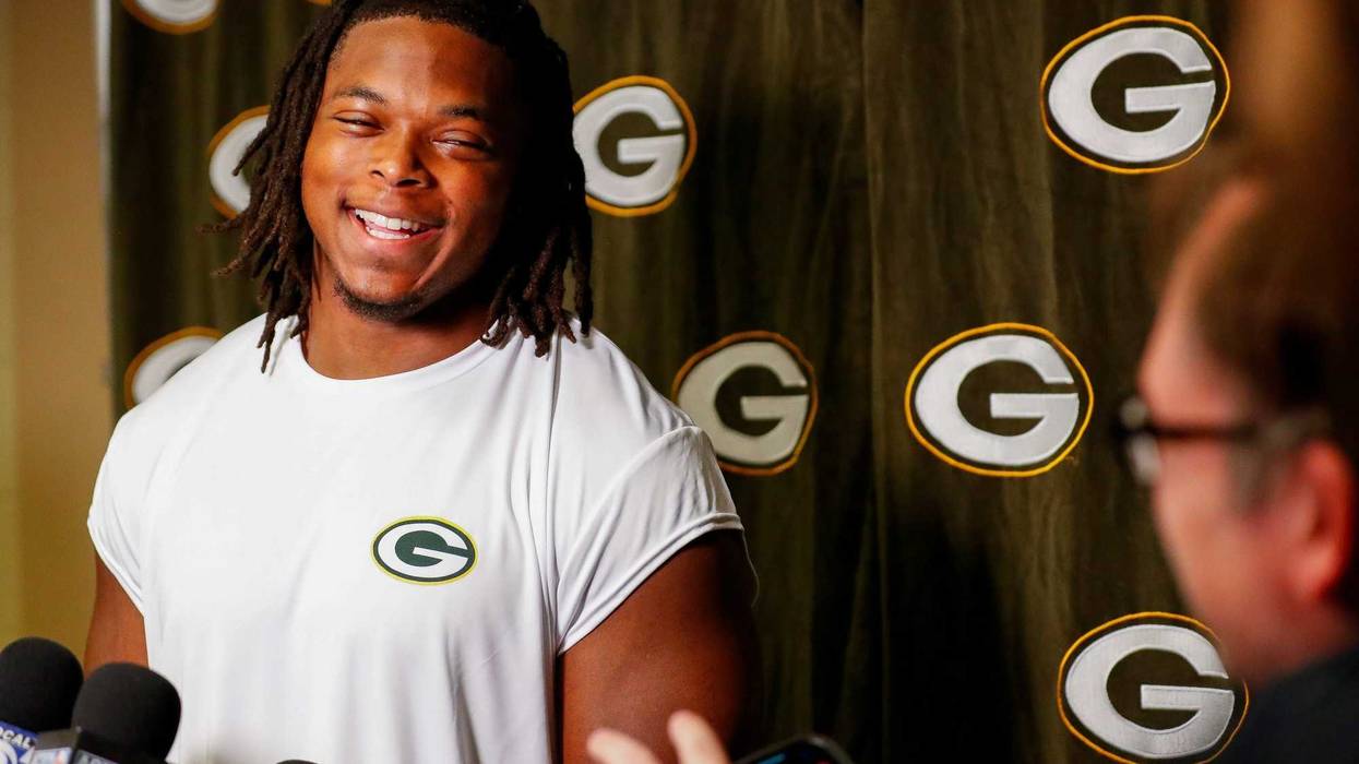Green Bay Packers rookie edge rusher Barryn Sorrell laughs while being interviewed by the media during rookie minicamp on Friday, May 2, 2025, at Lambeau Field in Green Bay, Wisconsin. The Packers selected Sorrell with their fourth round pick in the 2025 NFL Draft.