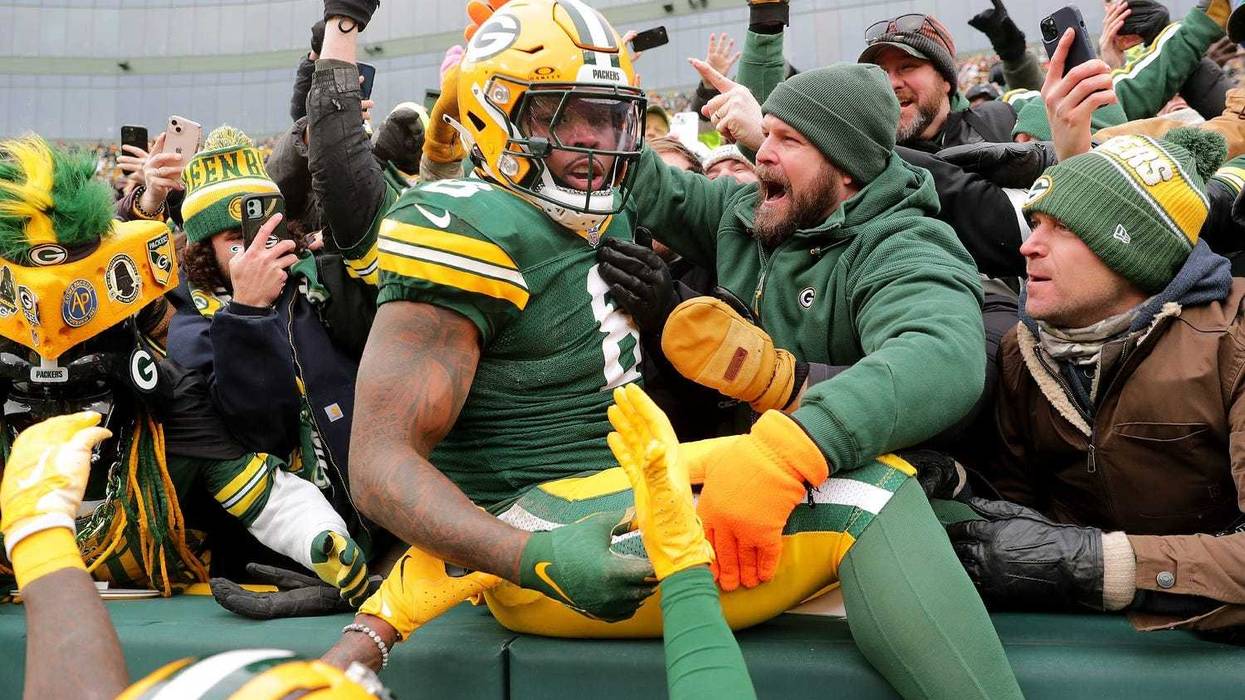 Green Bay Packers running back Josh Jacobs (8) celebrates after scoring a touchdown against the Chicago Bears on Sunday, January 5, 2024 at Lambeau Field in Green Bay, Wis. Wm. Glasheen USA TODAY NETWORK-Wisconsin