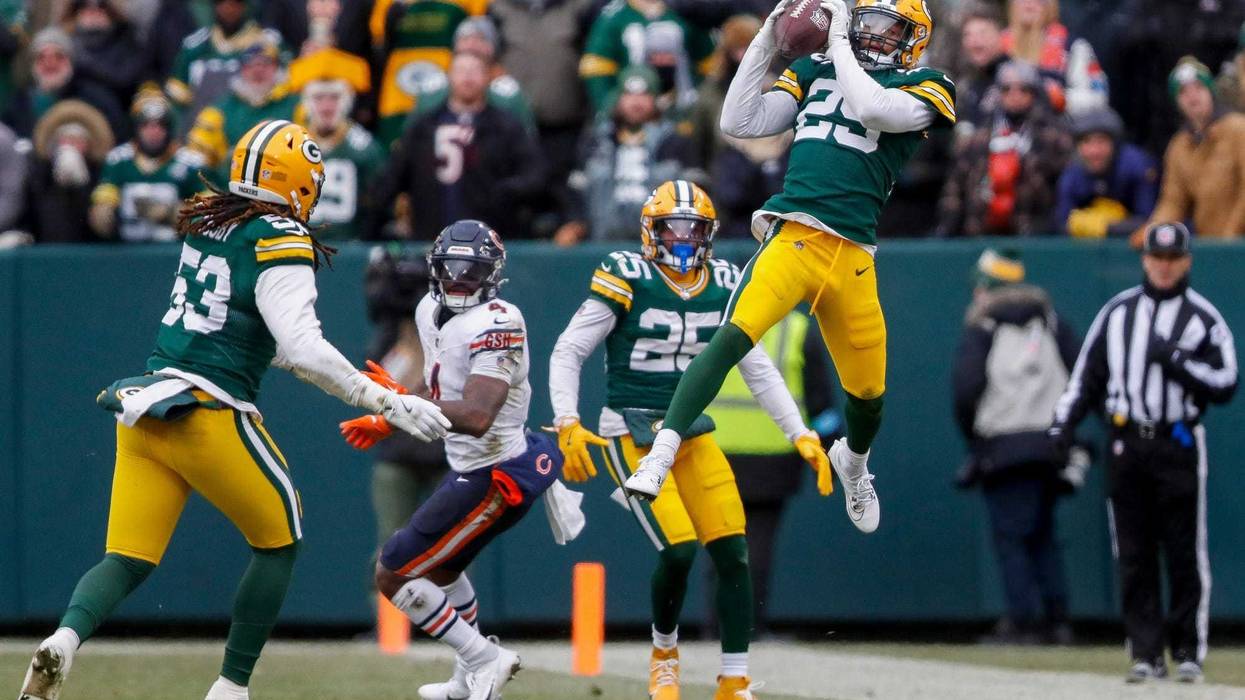 Green Bay Packers safety Xavier McKinney (29) intercepts a pass against the Chicago Bears on Sunday, January 5, 2025, at Lambeau Field in Green Bay, Wis. The Bears won the game, 24-22, on a 51-yard field goal as time expired. Tork Mason/USA TODAY NETWORK-Wisconsin