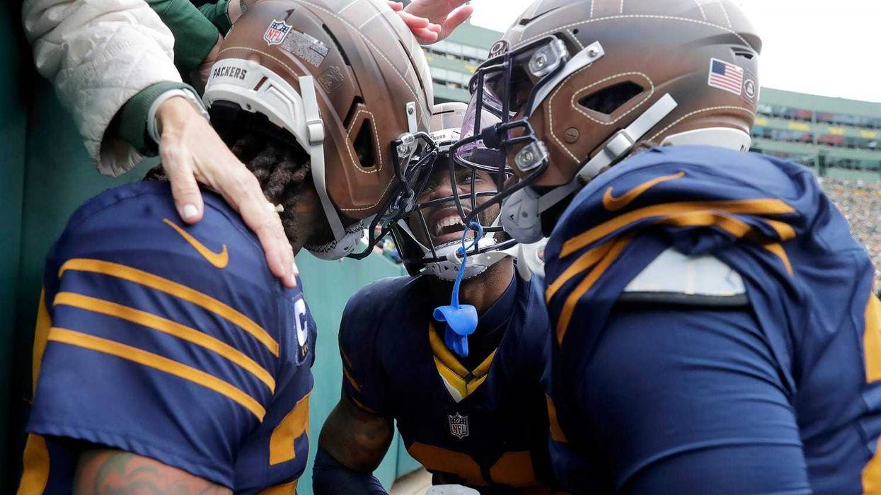 Green Bay Packers safety Xavier McKinney (29), left, cornerback Nate Hobbs (21) and cornerback Keisean Nixon (25) celebrate a first half interception against the Carolina Panthers on Sunday, November 2, 2025, at Lambeau Field in Green Bay, Wis. Carolina defeated Grewen Bay 16-13. Wm. Glasheen USA TODAY NETWORK-Wisconsin