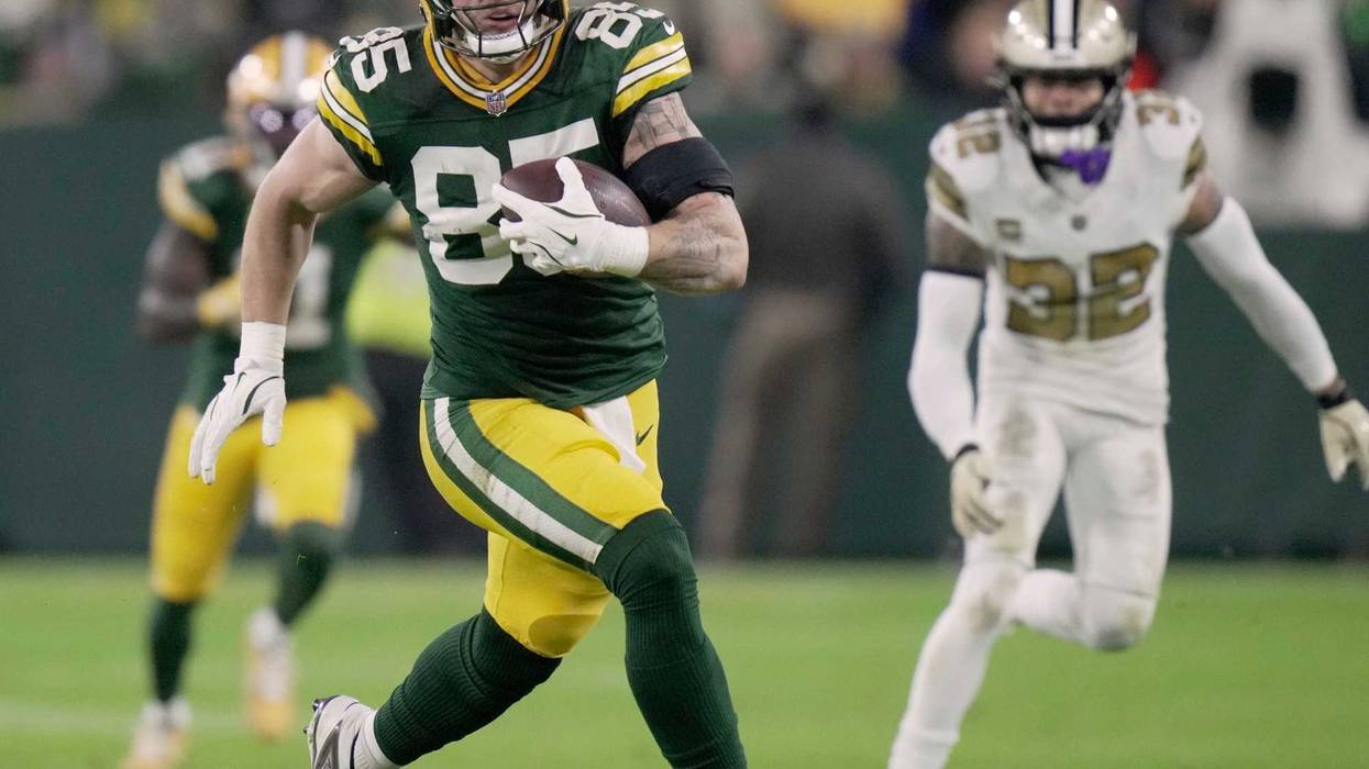 Green Bay Packers tight end Tucker Kraft (85) makes a reception for a first down during the second quarter of their game against the New Orleans Saints Monday, December 23, 2024 at Lambeau Field in Green Bay, Wisconsin.