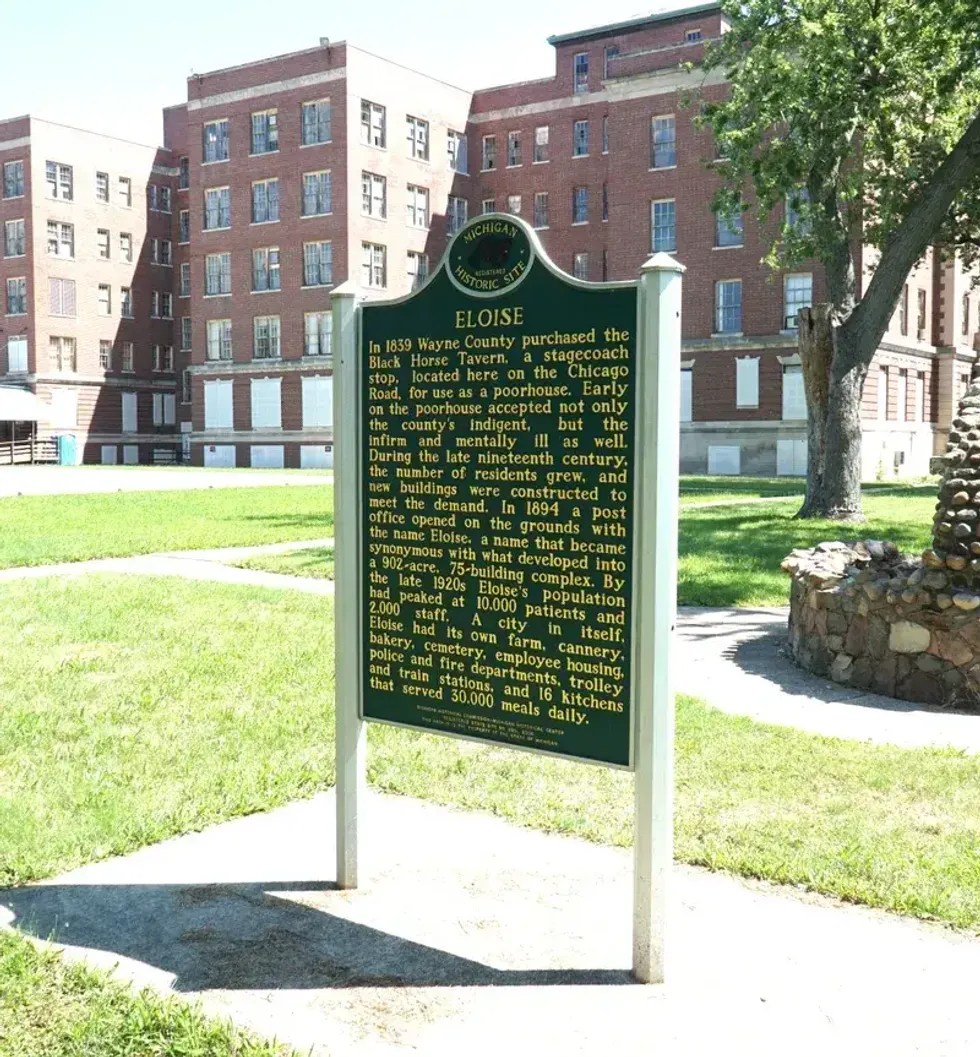 Green Michigan Historic Site marker outside Eloise