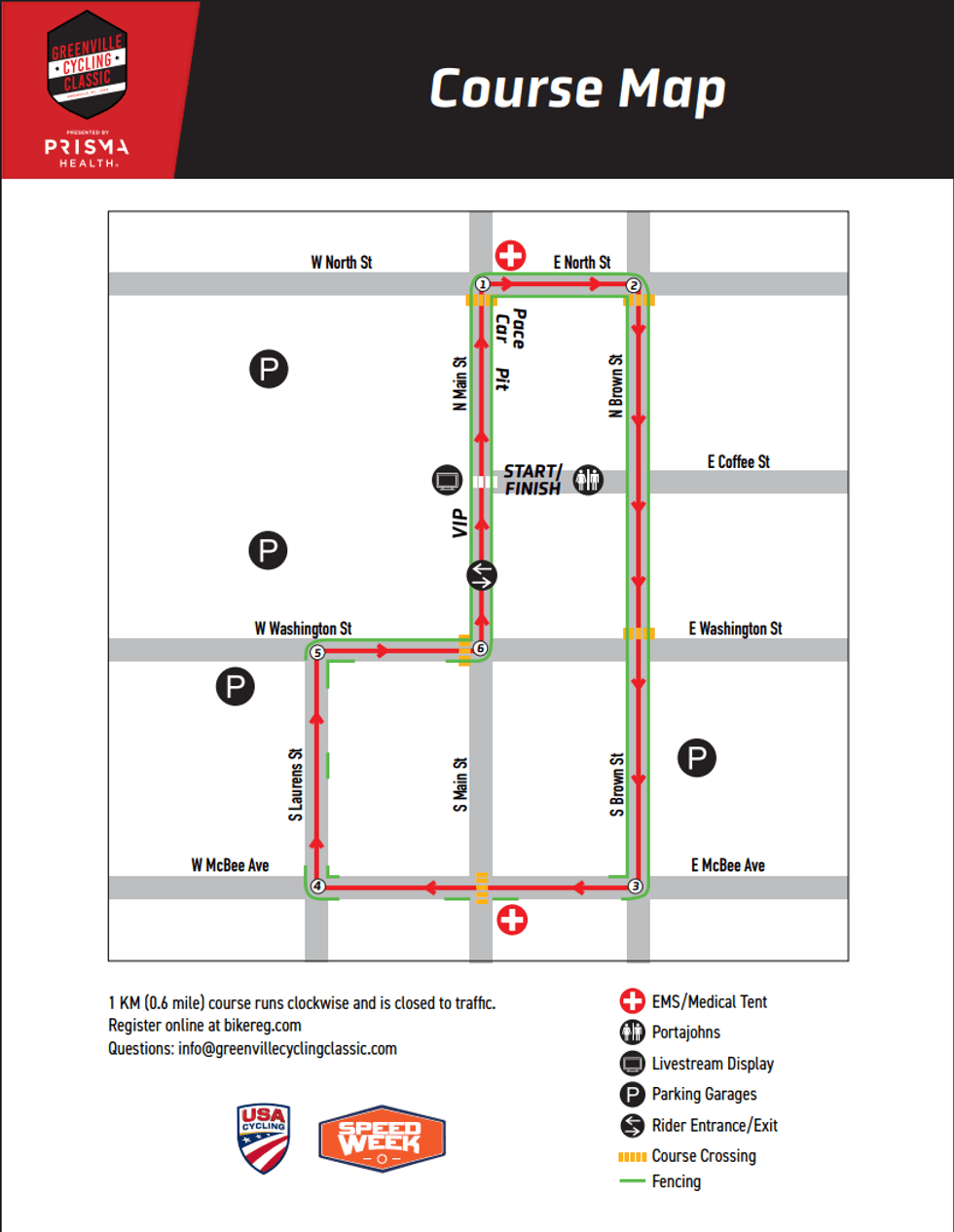 Greenville Cycling Classic route and road closure map