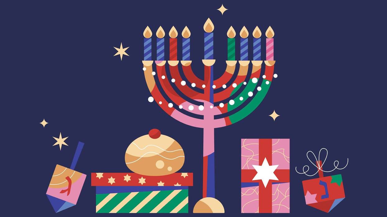 Greeting card for Jewish holiday Hanukkah with menorah, traditional donuts, gift boxes and spinning top. Modern template background for social media.