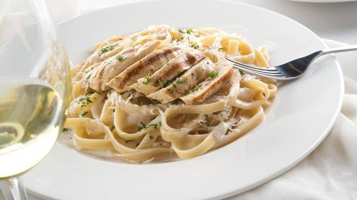Grilled Chicken, Fettuccine Alfredo, Dish, Plate