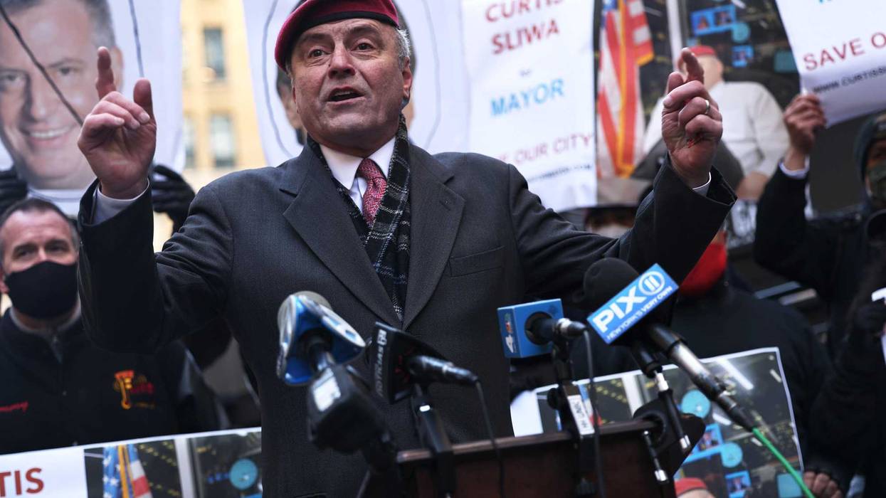 Guardian Angels Founder Curtis Sliwa speaks at a press conference announcing his candidacy for Mayor of NYC outside Madison Square Garden on March 15, 2021 in Midtown Manhattan in New York City. Mr. Sliwa joins a crowded NYC mayoral race with the primaries coming up in June.