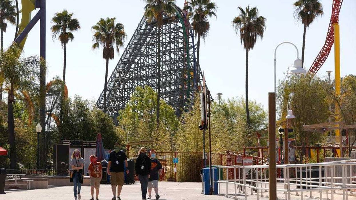 Guests walk through Six Flags Discovery Kingdom on April 01, 2021 in Vallejo, California.