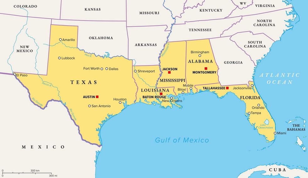 Gulf States of the United States: Texas, Louisiana, Mississippi, Alabama and Florida.