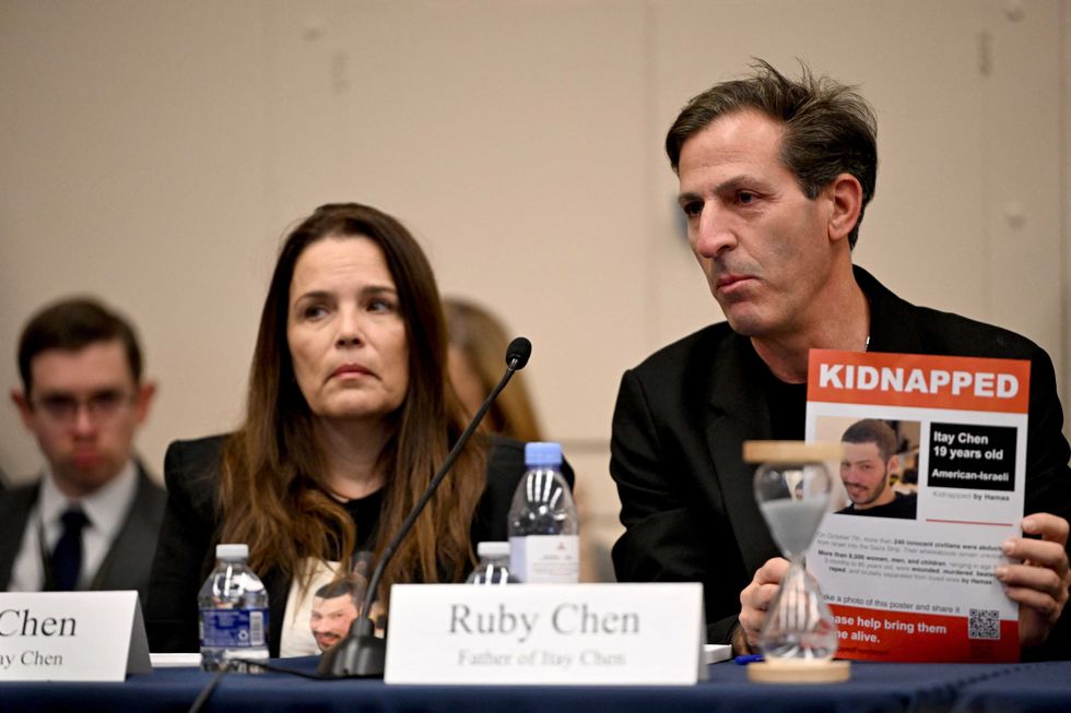 Hagit and Ruby Chen, parents of Itay Chen, attend a US House Committee on Foreign Affairs Subcommittee on the Middle East, North Africa, and Central Asia roundtable with family members of individuals being held hostage by Hamas, on Capitol Hill in Washington, DC, on November 29, 2023.